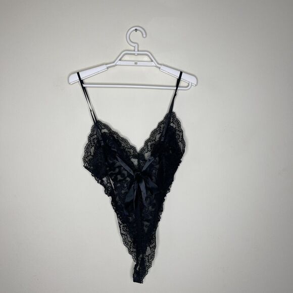 Vtg DELICATES Women's Black Floral Lace Teddy Romper Lingerie Tie Back 80's Sz S - Picture 4 of 8